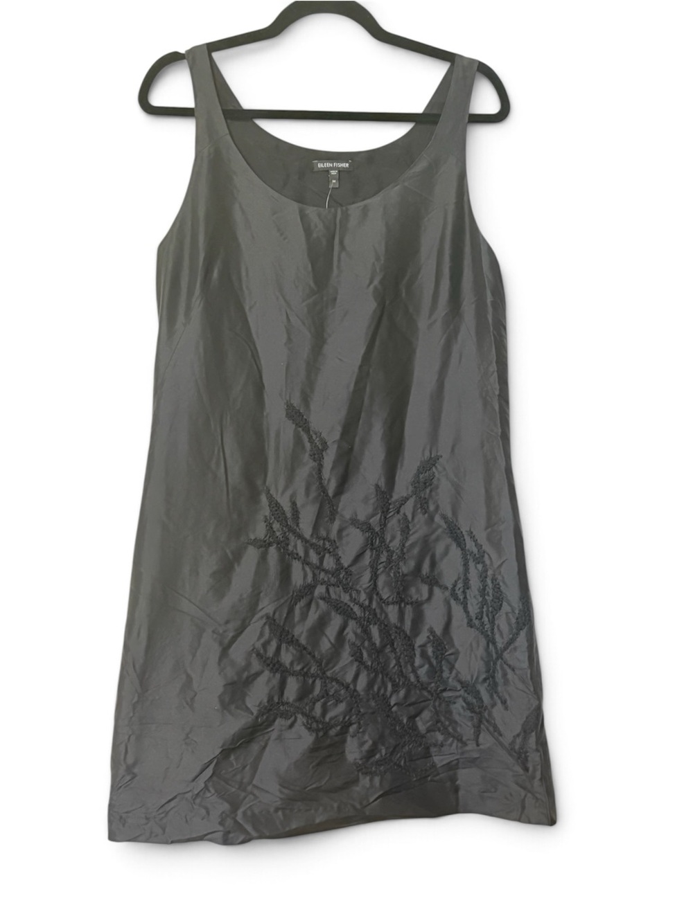 Eileen Fisher Silk Black Embroidered Scoop-Neck Dress
